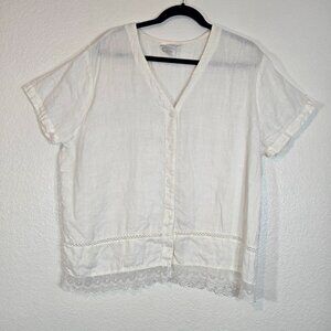 Hot Cotton 100% Linen Blouse Top Women Large White Lace Trim Boho Resortwear